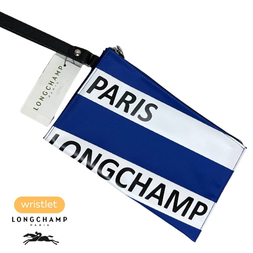 NWT Longchamp Paris Wristlet Bag Top Zip Pouch Blue Pochette Travel Bag Organize